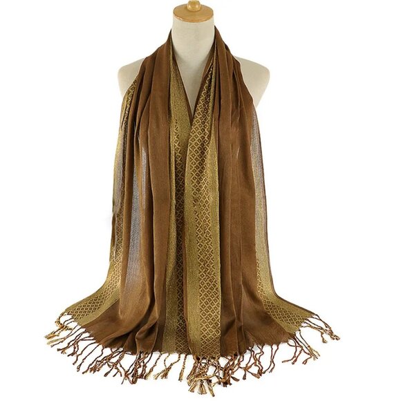 2/$30 Brown Patterned Fringe Scarf Tassel Large Wrap Neck Head Shoulders Shawl - Picture 1 of 6
